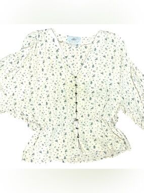 Madison Marcus Silk Cream Blouse with Blue Floral Print Size Medium